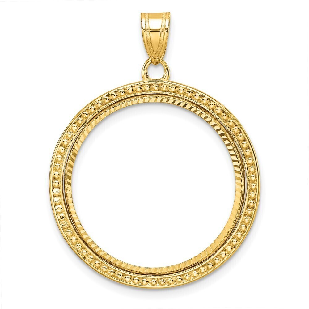 14k Yellow Gold Beaded & Diamond-cut 22.0mm Prong Coin Bezel Pendant